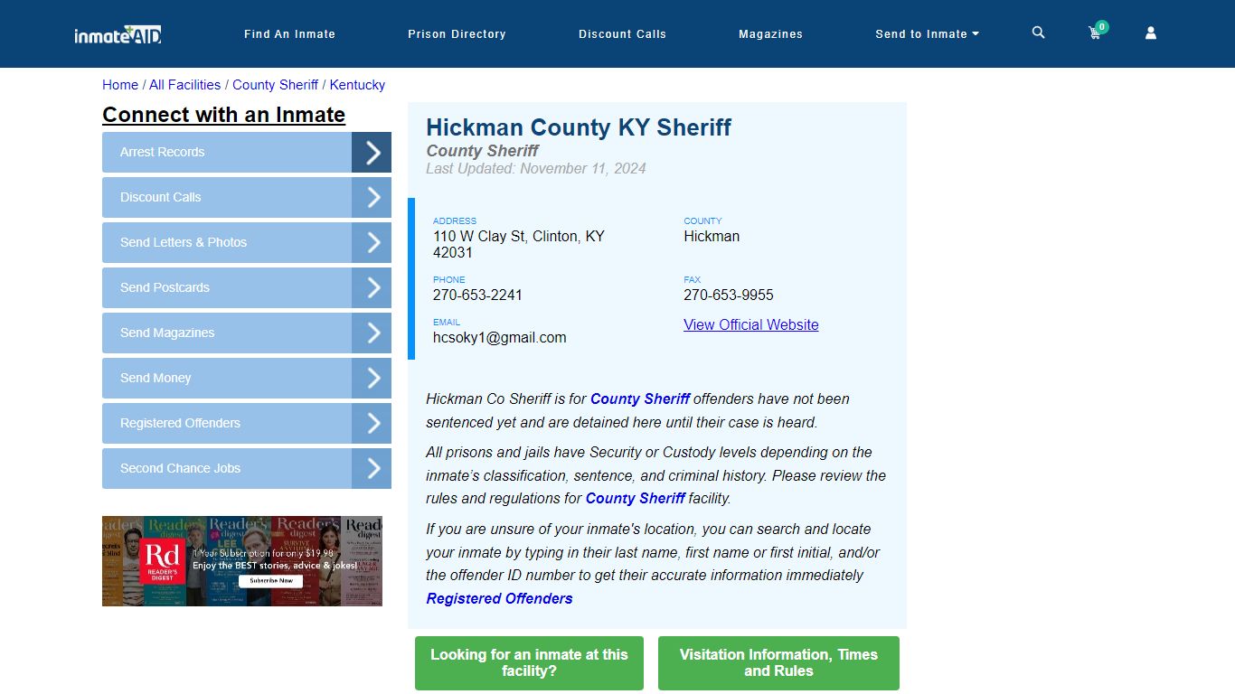 Hickman County KY Detention Center - Inmate Locator